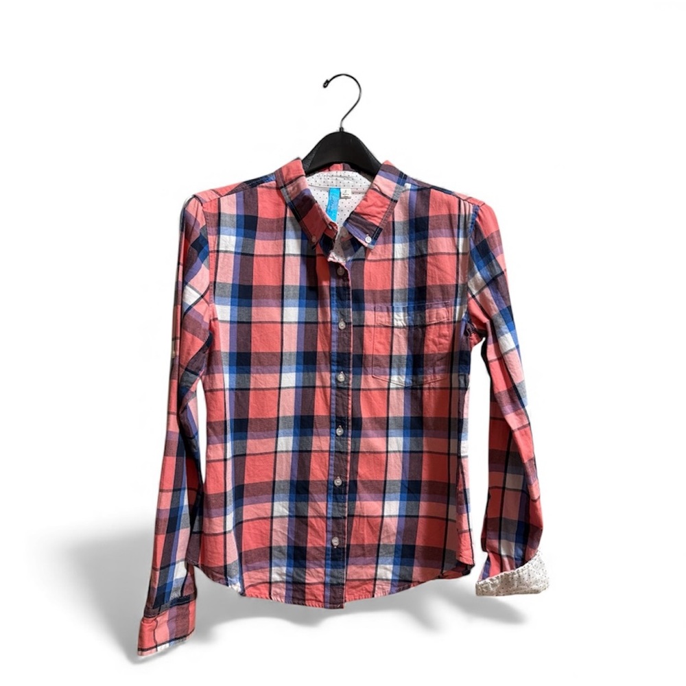 Buttons Coral and Blue Plaid Button-Down Shirt with contrast dotted cuffs